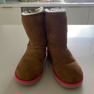 Chestnut Ugg boots with hot pink piping